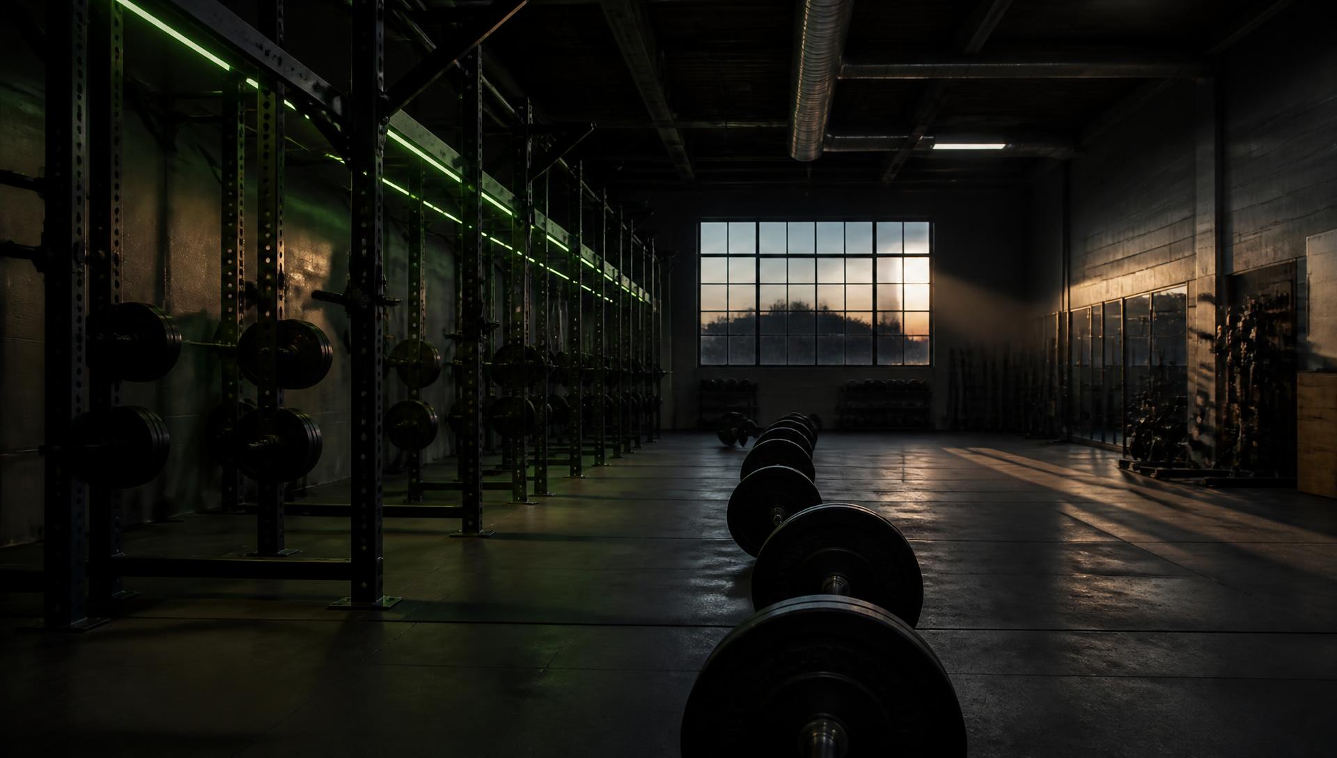 Empty industrial gym floor with racks, barbells and rubber flooring under low warehouse lighting
